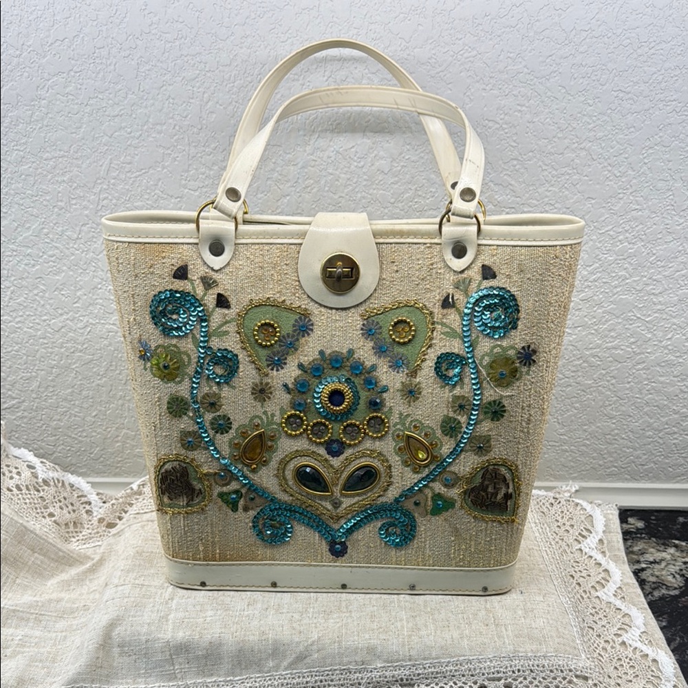 1950 vintage Cream and Blue Tote Bag with embroidered